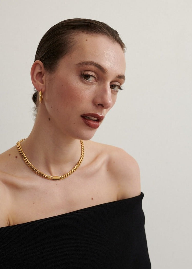Model wears Gold Cube Chain Necklace with Anna Rossi Thick Gold Hoops.  (6695455260753)